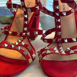 Steve Madden Red Studded Suede T-Strap Heels with Pyramid Studs